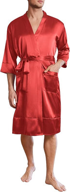Ekouaer Mens Satin Robe Lightweight Silky Kimono Bathrobe 3/4 Sleeve Spa Knee Length Loungewear with Pockets S-3XL