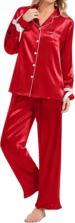 SWOMOG Womens Silk Satin Pajamas Set Long Sleeve Button Down Sleepwear 2 Piece Lounge Set Pj Set XS-3XL