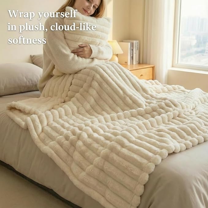 Faux Fur Blanket Twin/Twin XL - 60x80 Inch Soft & Warm Fluffy Throw for Bed, Sofa, Camping | 350GSM Cloud-Touch Microfiber | Cozy Essentials for Travel & Movie Nights, Striped White