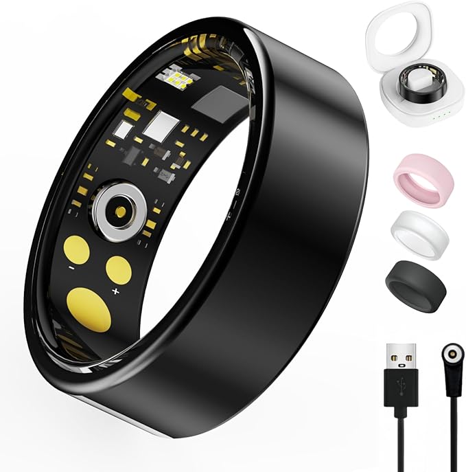 Smart Ring for Women Men, Health Tracker with Heart Rate, Blood Oxygen, Blood Pressure, Sleep Monitor, Step Counting, IP68 Waterproof Fitness Ring, No App Fees for iPhone & Android (Black, 7#)