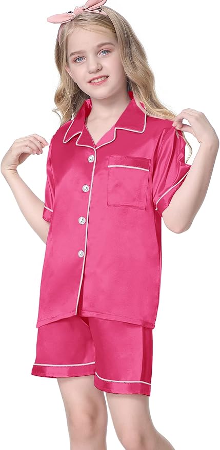 Umeyda Women & Girls Pajamas Set, Soft Satin Lightweight Silk Button-Down Top with Shorts 2 Piece PJS for Mom Boys Kids Gifts