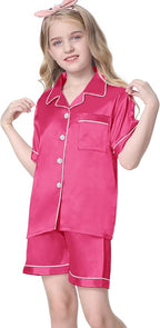 Umeyda Women & Girls Pajamas Set, Soft Satin Lightweight Silk Button-Down Top with Shorts 2 Piece PJS for Mom Boys Kids Gifts