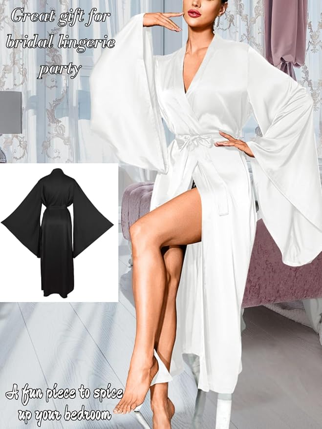 ChiaoLezhee Satin Long Robe For Women, Soft Lightweight Silk, Bride Wedding Night, Bridal Bathrobe Sexy Bathrobes Bridesmaid
