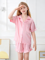 Umeyda Girls & Women Satin Pajamas Set Button Down 2 Piece Silk Pjs Shorts Set Ruffle Sleepwear, 5 Years-Women L