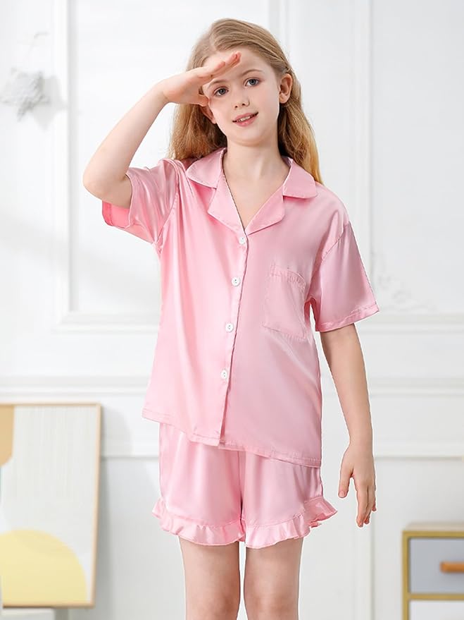 Umeyda Girls & Women Satin Pajamas Set Button Down 2 Piece Silk Pjs Shorts Set Ruffle Sleepwear, 5 Years-Women L