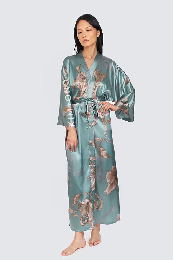 KIM+ONO Plus Size Luxury Kimono Robe for Women | Long Satin Floral Robe | Original Design | Removable Waist Tie Closure