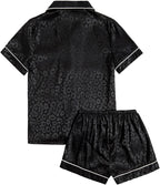 WDIRARA Women's Sleepwear Leopard Print Satin Shirt and Shorts Pajama Set