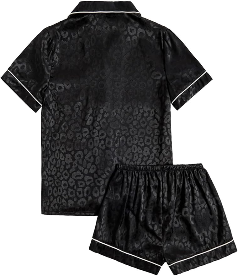 WDIRARA Women's Sleepwear Leopard Print Satin Shirt and Shorts Pajama Set