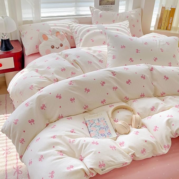 Nayoroom Pink Bow Duvet Cover Queen Size Heart Bows Printed Coquette Bedding Set 3 Pcs Kids Girls Cute Comforter Cover with Zipper Closure Soft Breathable Microfiber