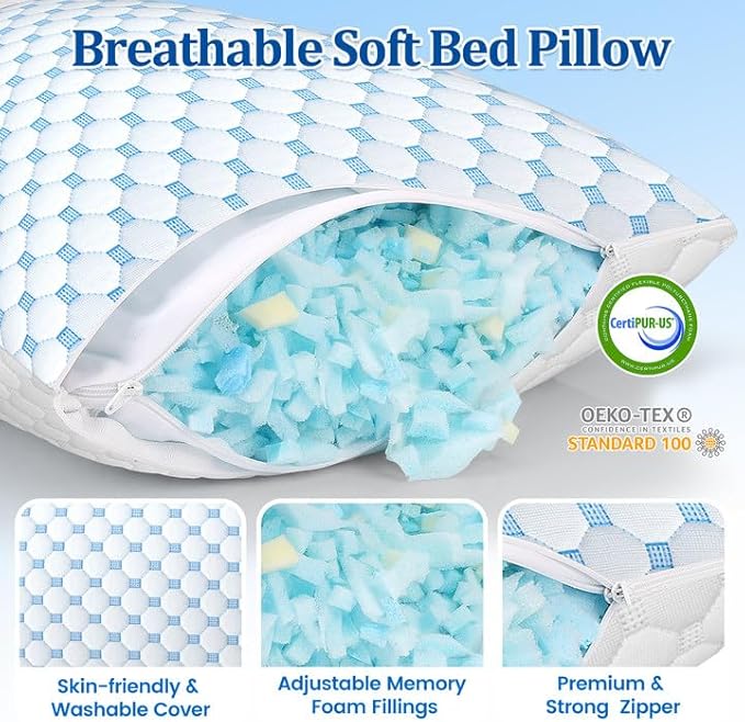CloudBliss Cooling Bed Set of 2 Pillows for Sleeping, Shredded Memory Foam Pillows with Washable & Breathable Pillowcase, Adjustable Height Pillow for Side, Back and Stomach Sleepers, King Size