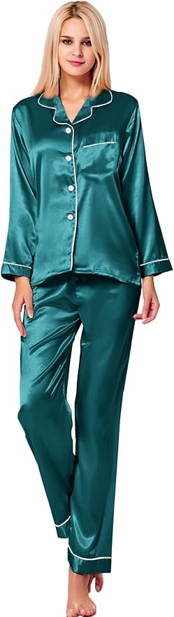SWOMOG Womens Silk Satin Pajamas Set Long Sleeve Button Down Sleepwear 2 Piece Lounge Set Pj Set XS-3XL