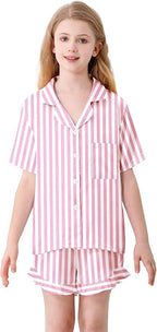 Umeyda Girls & Women Satin Pajamas Set Button Down 2 Piece Silk Pjs Shorts Set Ruffle Sleepwear, 5 Years-Women L