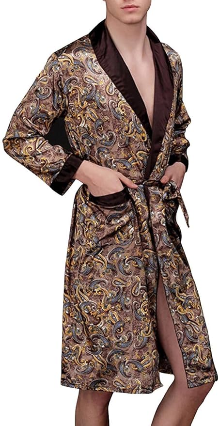 Lavenderi Mens Silky Satin Lounge Robe, Long Lightweight Sleepwear