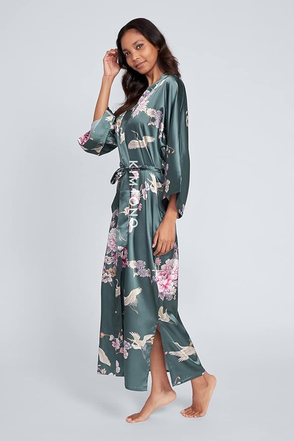 KIM+ONO Plus Size Luxury Kimono Robe for Women | Long Satin Floral Robe | Original Design | Removable Waist Tie Closure