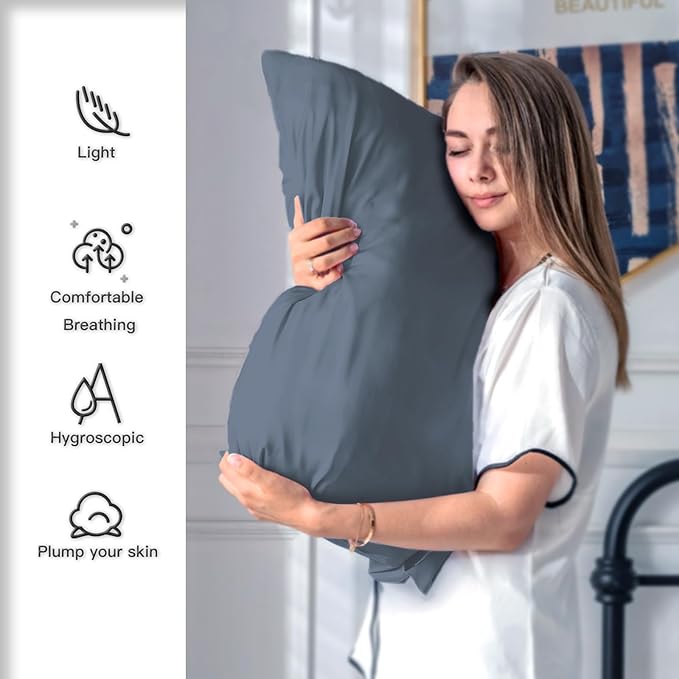 Silk Pillow Cases 2 Pack,Soft Breathable and Sliky Queen Size Pillow Cases Set of 2,Natural Mulberry Silk Pillowcase Set of 2 for Hair and Skin with Hidden Zipper (Space Grey,20"X 30",2pcs)