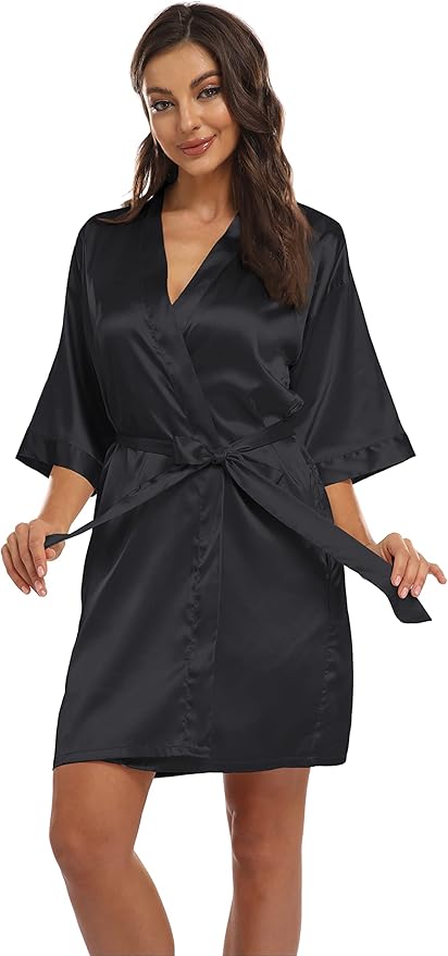 Women's Pure Short Kimono Robes Bride Bridesmaids Silky Bathrobe Lightweight Satin Sleepwear