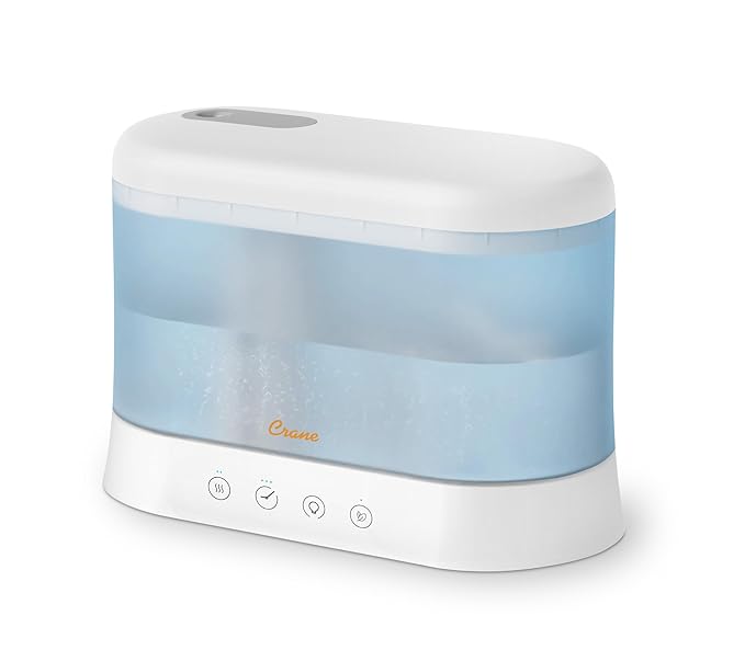 Crane 0.5 Gallon Top Fill Cool Mist Humidifier & Essential Oil Diffuser, Whisper-Quiet, 15-Hour Run Time, Night Light, Small Room Air Humidifier, Perfect For Office, Bedroom or Nursery