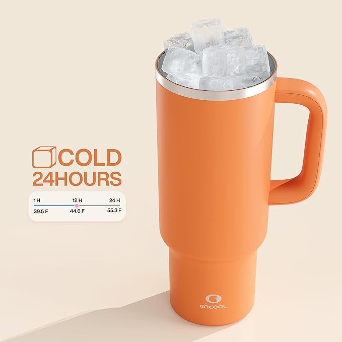 40 oz Tumbler with Handle and Straw: Stainless Steel Insulated Tumbler Keeps Cold for 24 Hours, Leakproof Travel Cup Fits in Cup Holder and BPA-Free,Moderate Orange