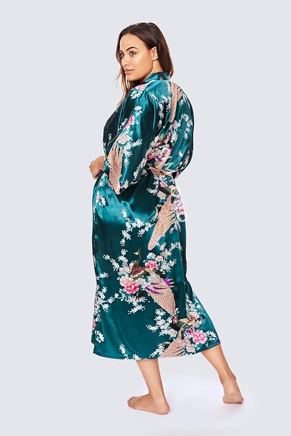 KIM+ONO Plus Size Luxury Kimono Robe for Women | Long Satin Floral Robe | Original Design | Removable Waist Tie Closure