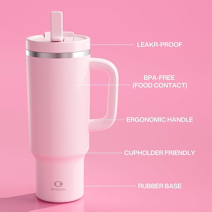 40 oz Tumbler with Handle and Straw: Stainless Steel Insulated Tumbler Keeps Cold for 24 Hours, Leakproof Travel Cup Fits in Cup Holder and BPA-Free, Cotton Candy