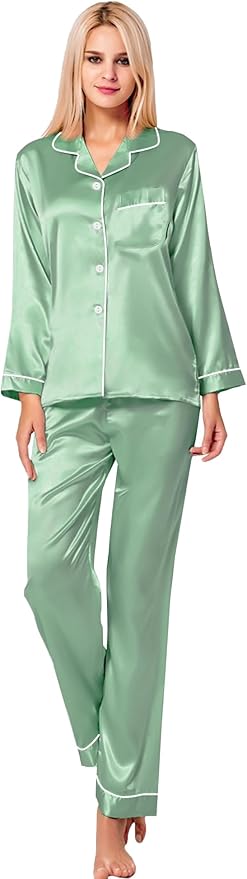SWOMOG Womens Silk Satin Pajamas Set Long Sleeve Button Down Sleepwear 2 Piece Lounge Set Pj Set XS-3XL