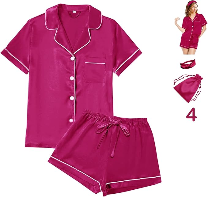 WJing Yi Jia 4Pcs Womens Satin Silky Pajama Sets Short Sleeve Shirt XS-4XL Floral Pajamas Set Soft PJ Loungewear Sleepwear