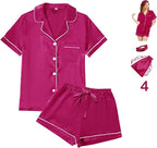 WJing Yi Jia 4Pcs Womens Satin Silky Pajama Sets Short Sleeve Shirt XS-4XL Floral Pajamas Set Soft PJ Loungewear Sleepwear