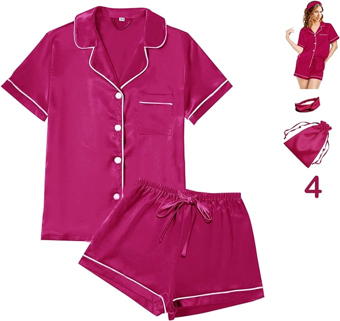 WJing Yi Jia 4Pcs Womens Satin Silky Pajama Sets Short Sleeve Shirt XS-4XL Floral Pajamas Set Soft PJ Loungewear Sleepwear
