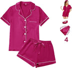 WJing Yi Jia 4Pcs Womens Satin Silky Pajama Sets Short Sleeve Shirt XS-4XL Floral Pajamas Set Soft PJ Loungewear Sleepwear