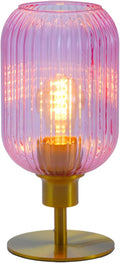 Mid Century Glass Table Lamp,Dimmable Desk Lamp,LED Bulb Included,Timer Build-in,Pink Ribbed Glass