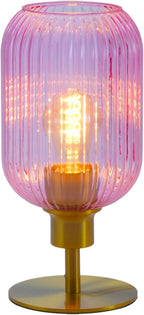 Mid Century Glass Table Lamp,Dimmable Desk Lamp,LED Bulb Included,Timer Build-in,Pink Ribbed Glass