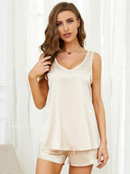 MOYEE Women Silk Pajama Set Soft Satin V Neck Tank Top and Shorts 2 Piece lounge Sets with Pockets