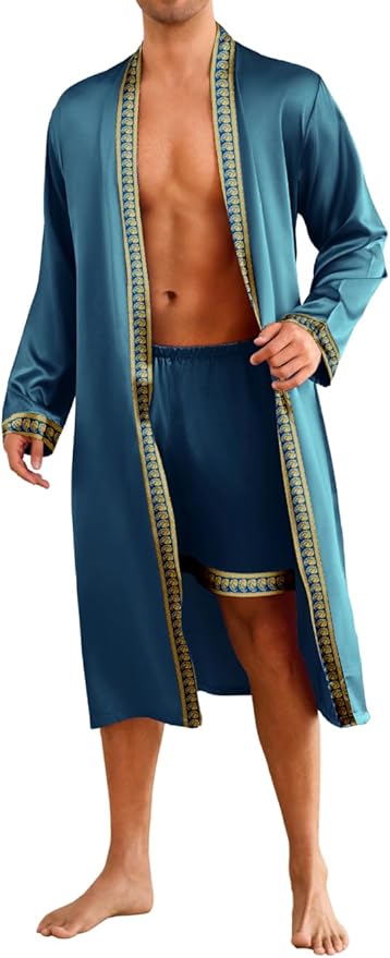 ChiaoLezhee Mens Satin Bath Robe with Shorts Set, Silk Paisley Kimono Lightweight, Soft Long Sleeve Sleepwear