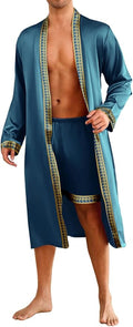 ChiaoLezhee Mens Satin Bath Robe with Shorts Set, Silk Paisley Kimono Lightweight, Soft Long Sleeve Sleepwear