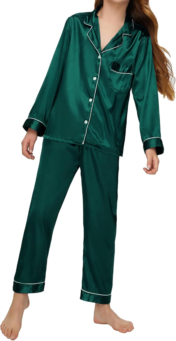 EPLAZA Kids Satin Pajamas Sets Girls Boys Button-Down Silky Pajamas Sleepwear with Hairband Eye Mask Hair Tie
