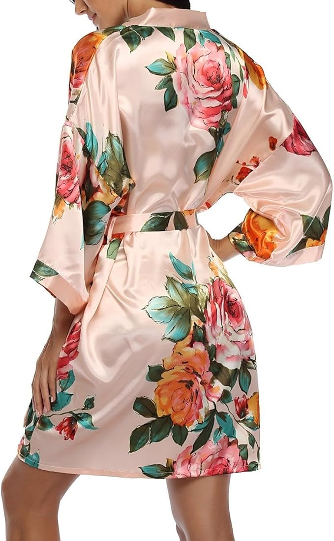 Floral Silk Robes for Women Kimono Satin Short Bath Robe Bridal Dressing Gown Bride Bridesmaids Lightweight Bathrobes
