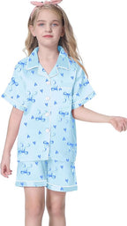 Umeyda Women & Girls Pajamas Set, Soft Satin Lightweight Silk Button-Down Top with Shorts 2 Piece PJS for Mom Boys Kids Gifts
