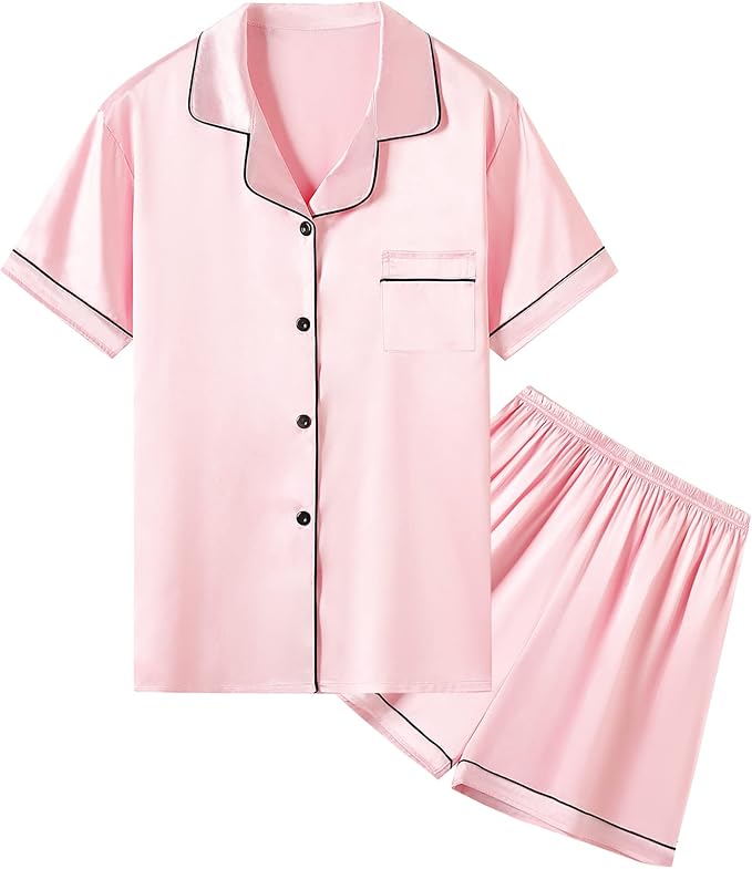Umeyda Women & Girls Pajamas Set, Soft Satin Lightweight Silk Button-Down Top with Shorts 2 Piece PJS for Mom Boys Kids Gifts