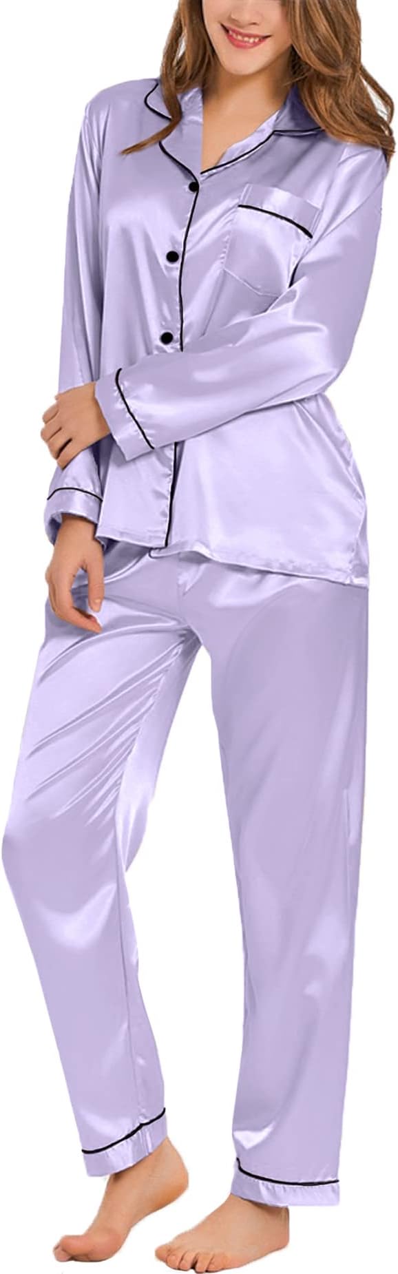 SWOMOG Womens Silk Satin Pajamas Set Long Sleeve Button Down Sleepwear 2 Piece Lounge Set Pj Set XS-3XL