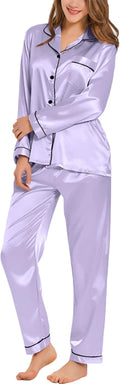 SWOMOG Womens Silk Satin Pajamas Set Long Sleeve Button Down Sleepwear 2 Piece Lounge Set Pj Set XS-3XL