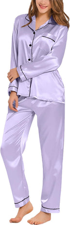 SWOMOG Womens Silk Satin Pajamas Set Long Sleeve Button Down Sleepwear 2 Piece Lounge Set Pj Set XS-3XL