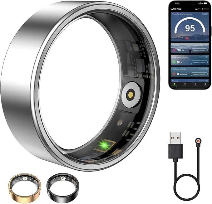 Smart Ring for Women & Men, Fitness Tracker with Heart Rate, Blood Oxygen, Sleep Monitoring, Long-Lasting Battery, IP68 Waterproof (Silver, 12)