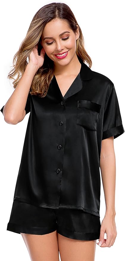 LecGee Womens Silk Satin Pajamas Short Sleeve Loungewear Two-Piece Sleepwear Button-Down Pj Set