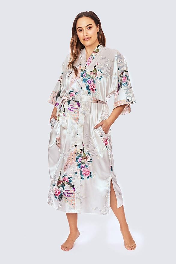 KIM+ONO Plus Size Luxury Kimono Robe for Women | Long Satin Floral Robe | Original Design | Removable Waist Tie Closure