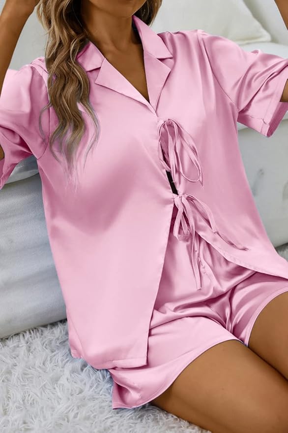 CHYRII Women's Silk Satin Pajamas Sets Tie Front Short Sleeve Tops and Shorts Two Piece Pj Sets Sleepwear