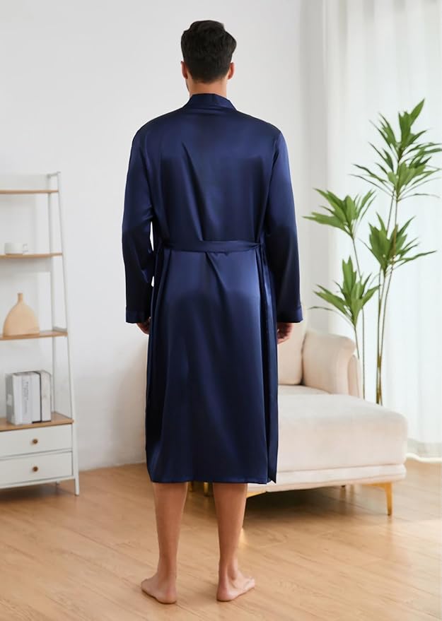 ZUEVI Men's Kimono Robe Set Silk Satin Long Sleeve Bathrobe with Shorts 2 PCS Sleepwear Pjs Sets