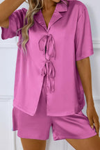CHYRII Women's Silk Satin Pajamas Sets Tie Front Short Sleeve Tops and Shorts Two Piece Pj Sets Sleepwear
