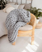 Throw Blanket Full Size 54"x75" for Bed - Chunky Knit Blanket, Boho Throw Blanket for Couch 100% Merino Wool (Grey, 54"x75")