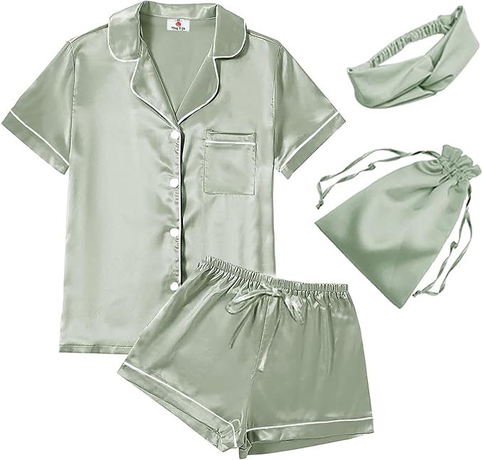 WJing Yi Jia 4Pcs Womens Satin Silky Pajama Sets Short Sleeve Shirt XS-4XL Floral Pajamas Set Soft PJ Loungewear Sleepwear