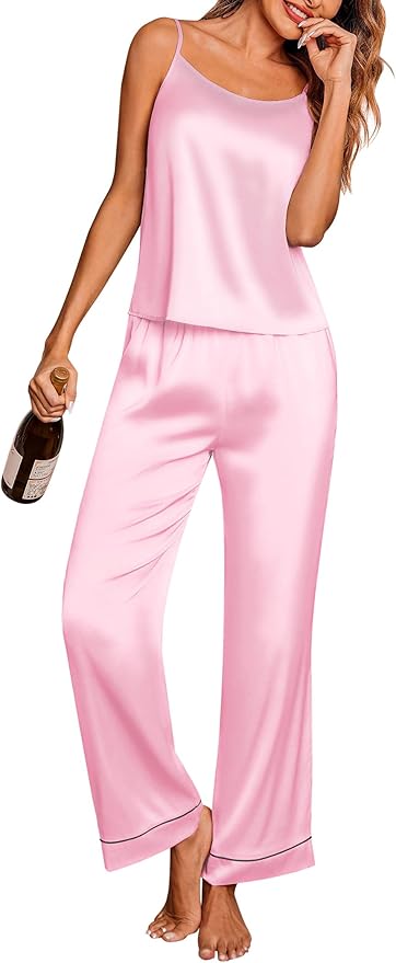 Ekouaer Women Silk Satin Pajamas Sleeveless Pjs Set 2 Piece Summer Loungewear Sleepwear with Pockets S-XXL